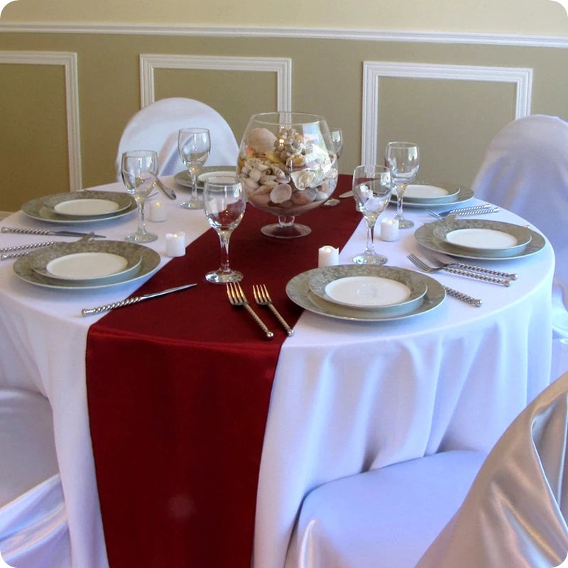 nappes tables rondes mariage blanc rouge bleu marine violet doré tissus satinés opaques