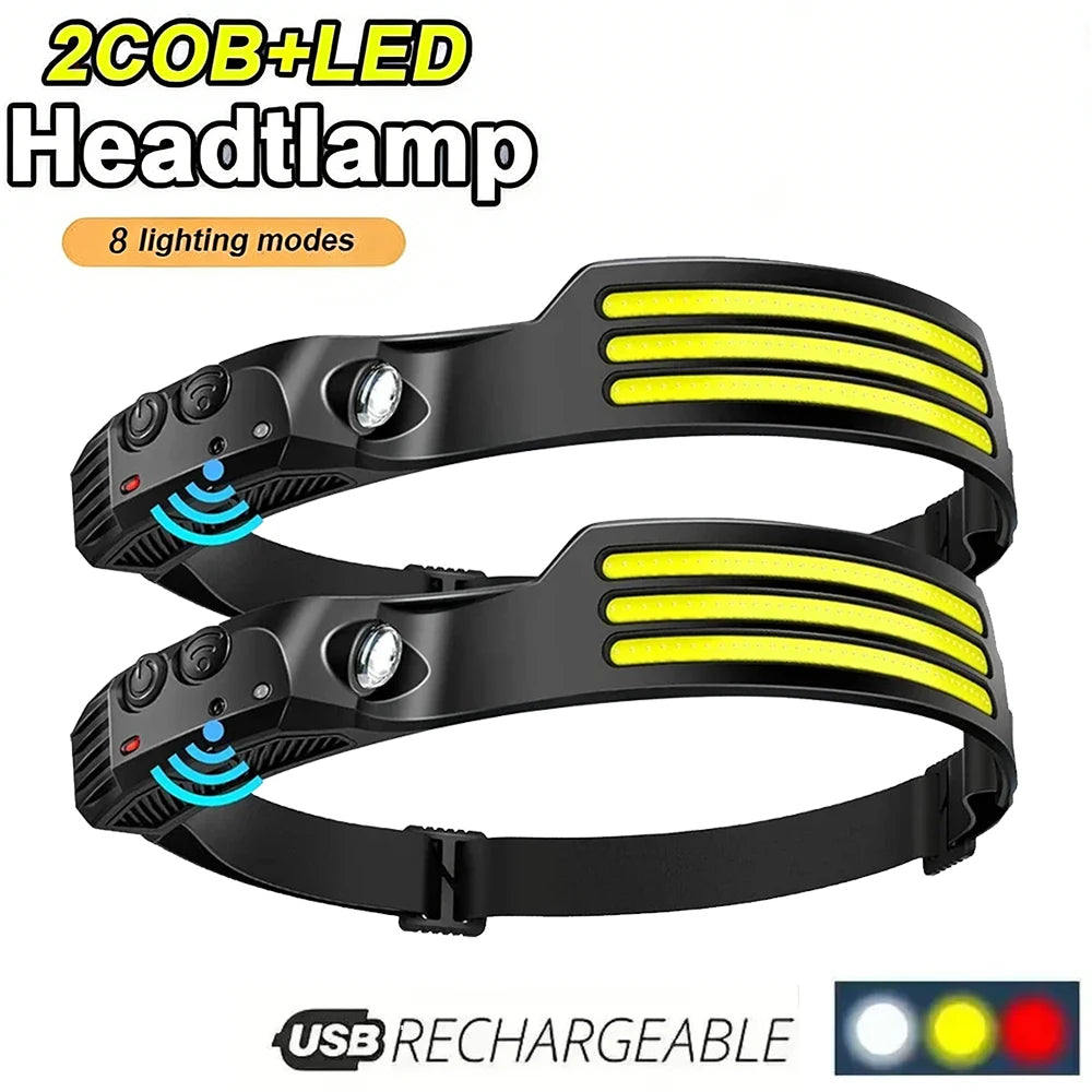 lampe frontale rechargeable noire jaune rayures horizontales moderne pratique ceinture ajustable port usb interrupteur
