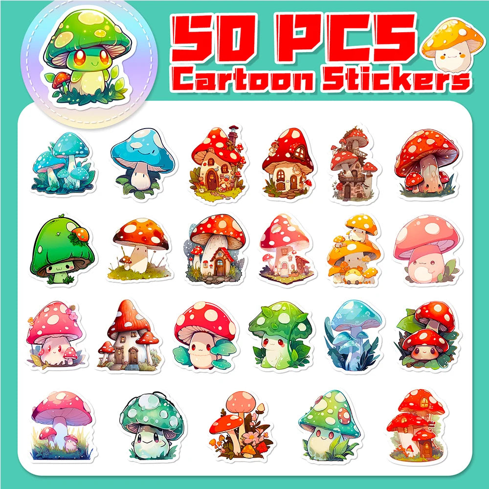 sticker kawaii champignon dessin animé vert bleu orange rouge blanc adhésif collection diy scrapbook