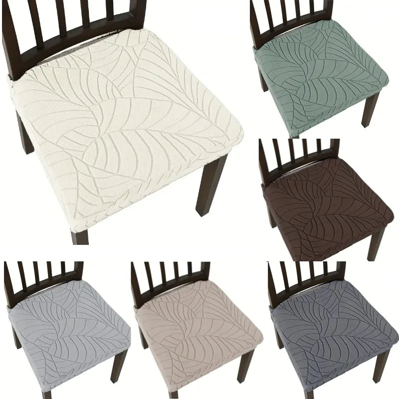 Housse chaise moderne feuilles stylisées beige gris marron bleu clair élastique poly spandex