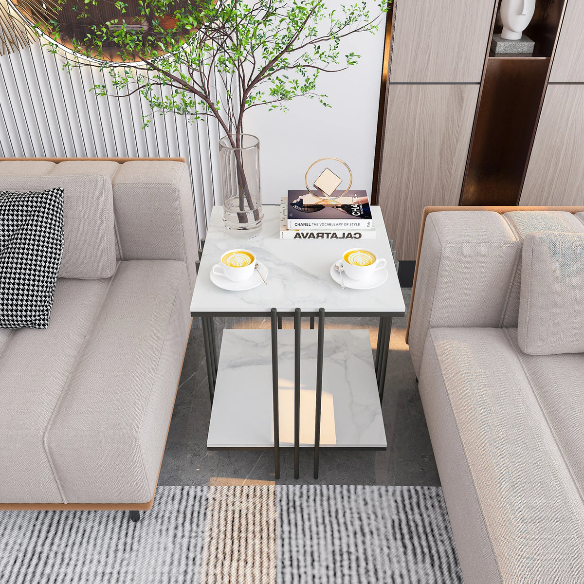 table d'appoint moderne marbre blanc gris fer vis carré salon deux niveaux minimaliste