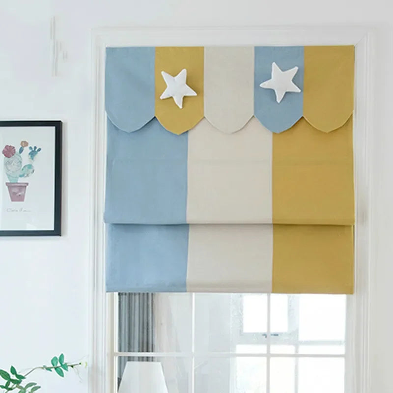 rideau patchwork moderne rose clair bleu clair tissu épais étoiles blanches polyester géométrique intégré