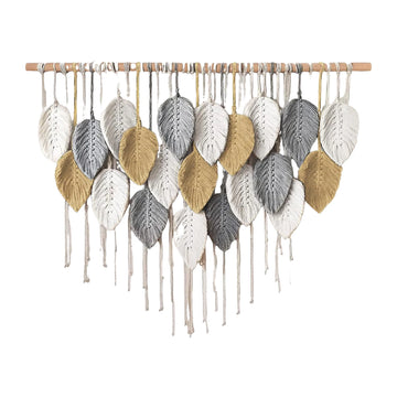 décoration murale boho feuilles stylisées coton biologique rubans vert beige gris