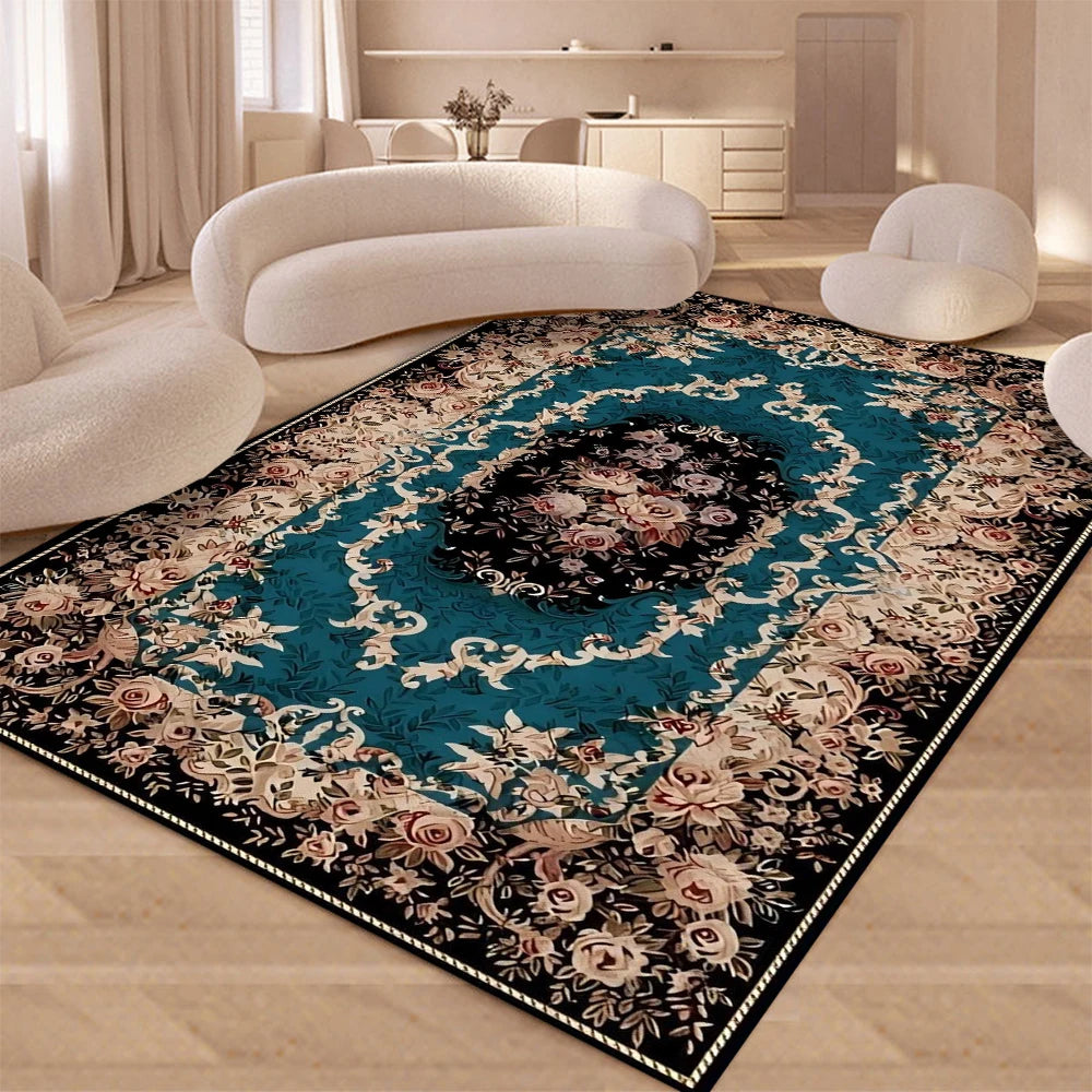 tapis floral baroque orné bleu blanc doré rose violet classique moderne chambre salon extérieur