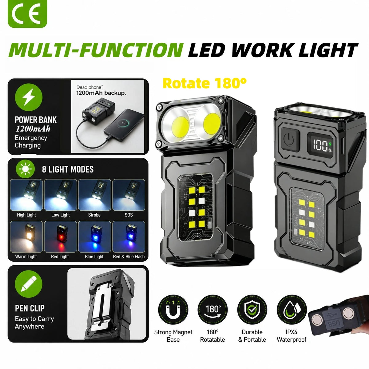 lampe travail rechargeable led 1200 lumens aimantée aluminium noir moderne