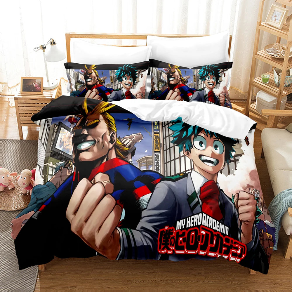 Parure de lit anime My Hero Academia dépliée montrant les 8 pièces
