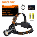lampe frontale led rechargeable télescopique zoomable étanche pêche noir orange grisclair