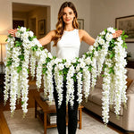 guirlande fleurs artificielles blanc rose feuilles vertes extérieur décoration romantique clips fixations