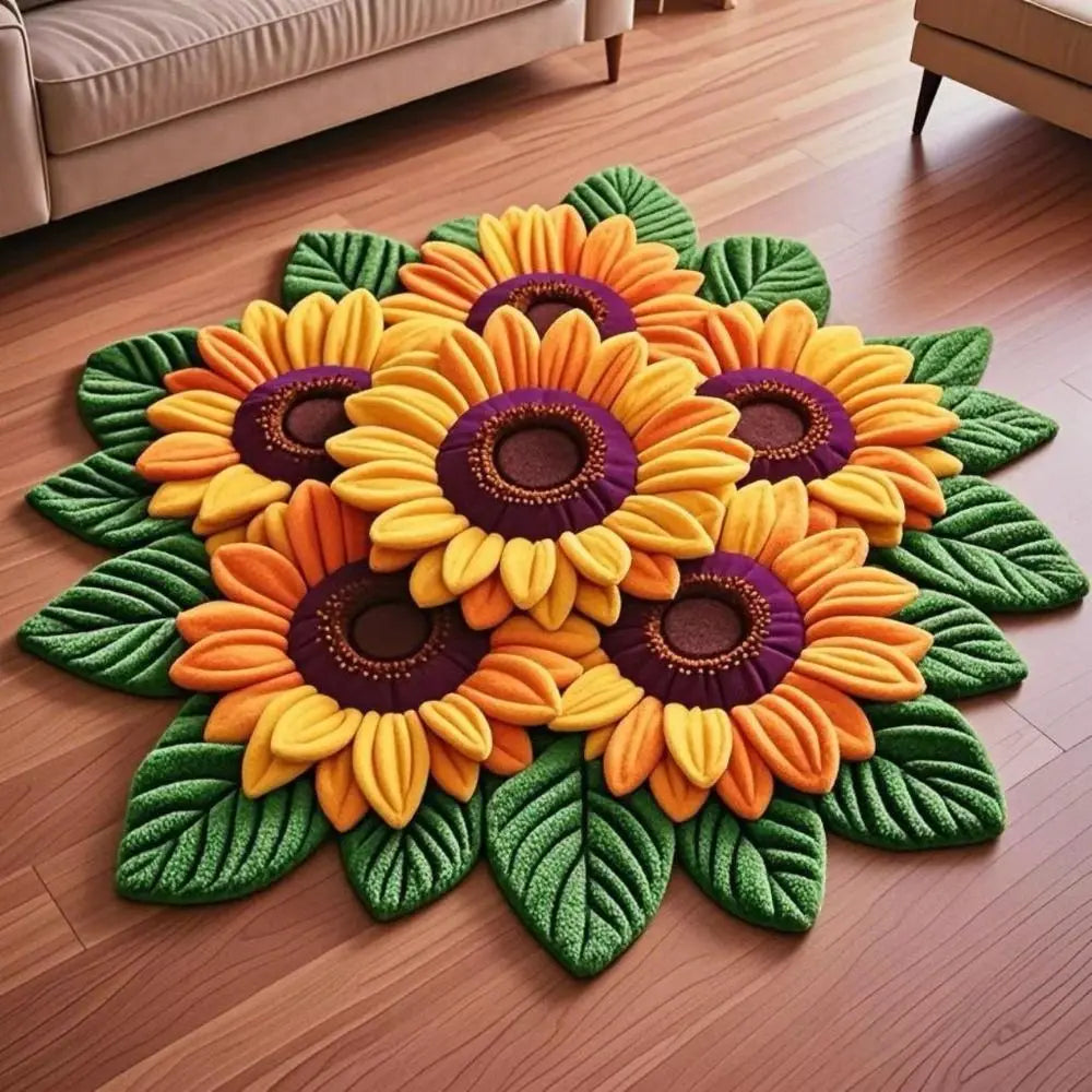 tapis fleurs tournesols roses lys vert jaune marron blanc rose texturé 3d antidérapant polyester