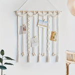cadre mural macramé boho blanc motifs géométriques clips bois photos notes peigne