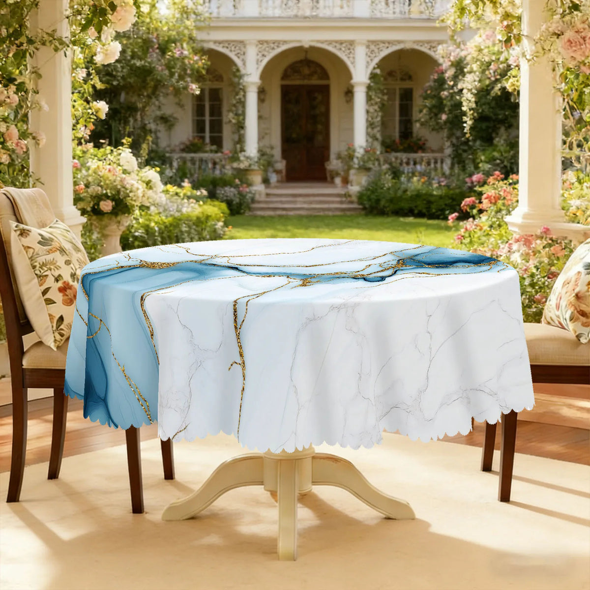 nappe table marbre doré bleu clair moderne élégante imperméable huile extérieure mariage festivité
