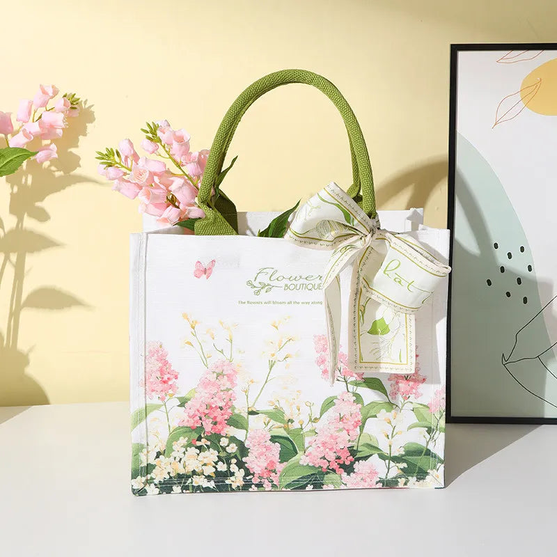 sac main toile fleurs blanc vert rose élégant réutilisable écologique poignées vertes