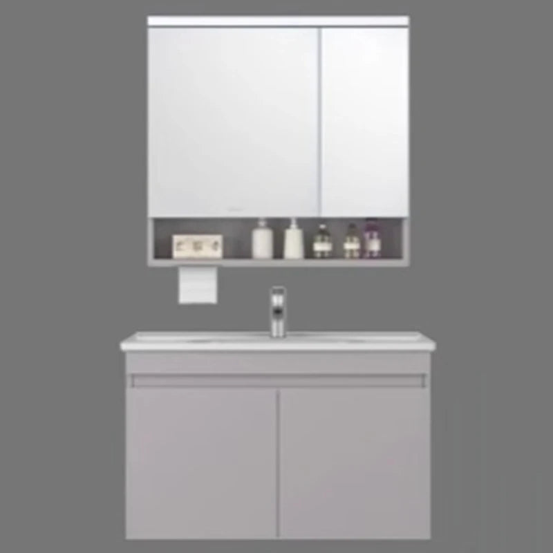 meuble salle bain moderne gris clair étagère distributeur papier toilette accessoires salle bain miroir