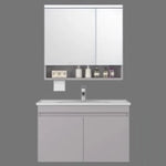 meuble salle bain moderne gris clair étagère distributeur papier toilette accessoires salle bain miroir