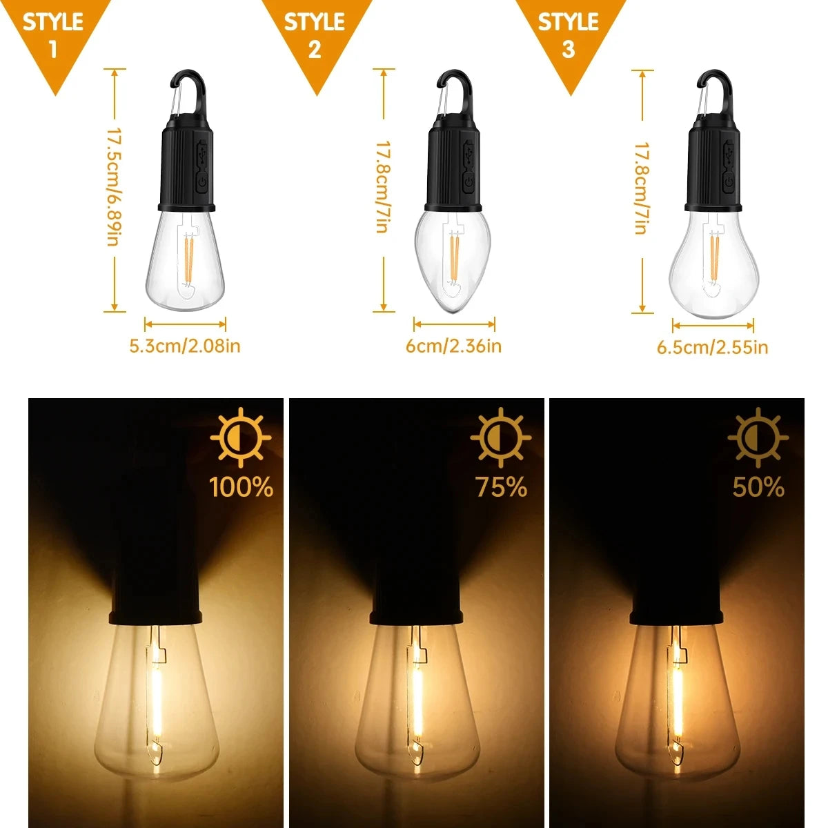 lampe camping led rechargeable usb transparente crochets modes luminość adjustable