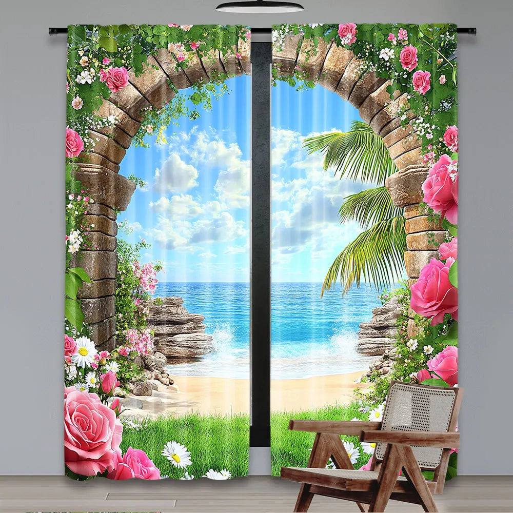 rideau polyester moderne paysage marin plage palmiers roses blanc vert bleu