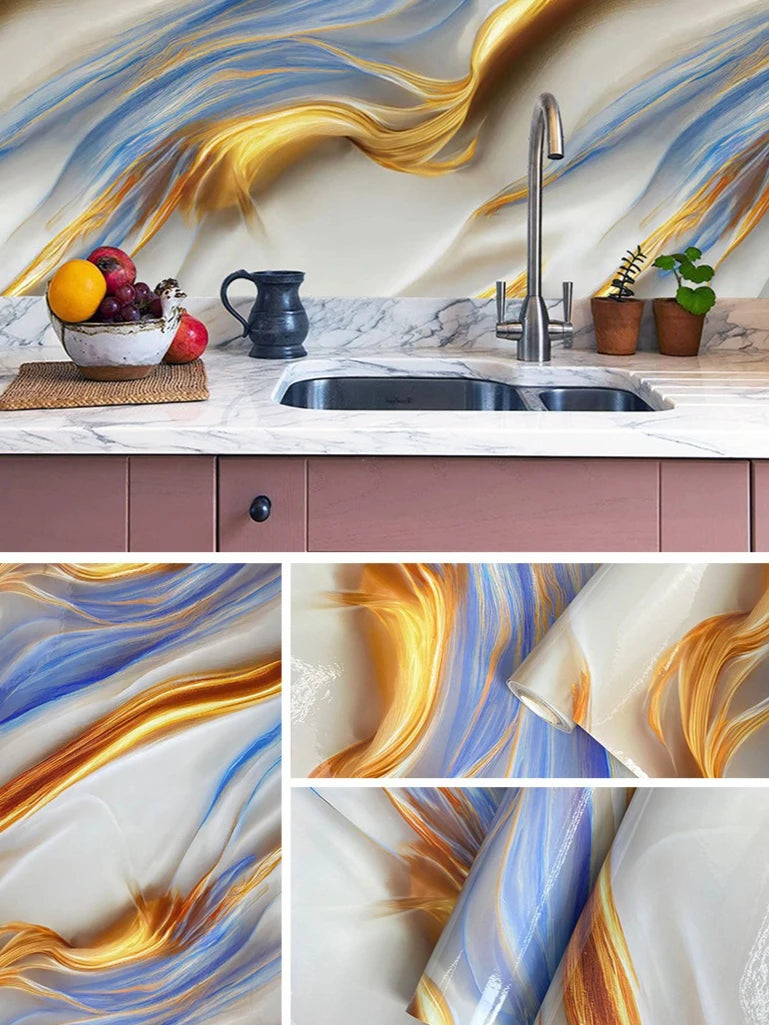 papier peint adhésif marbre blanc veines dorées autocollant mural pvc cuisine salon moderne