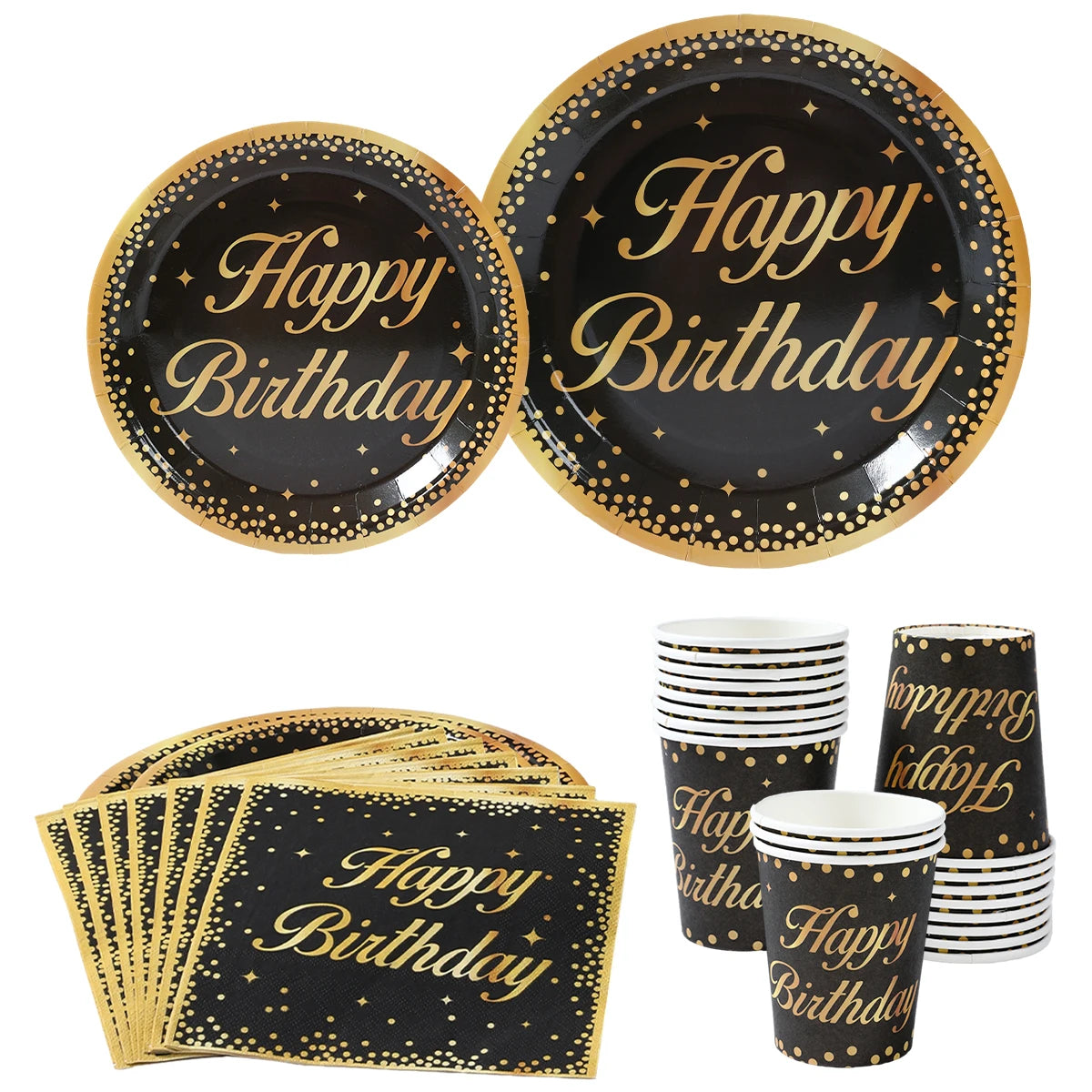 vaisselle jetable anniversaire noir doré assiettes verres serviettes bannières fête décorations confettis