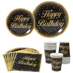 vaisselle jetable anniversaire noir doré assiettes verres serviettes bannières fête décorations confettis
