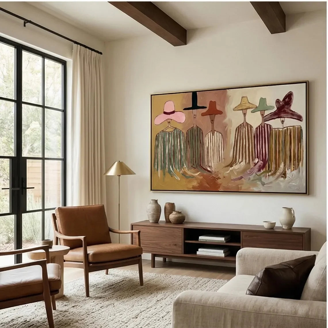tableau abstrait multicolore contemporain rose noir marron livre vase fleur lampe ornement plante murale