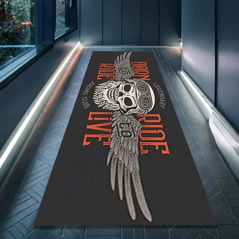 tapis crâne ailes born to ride graphique noir blanc orange imperméable antidérapant polyvinyle polyester