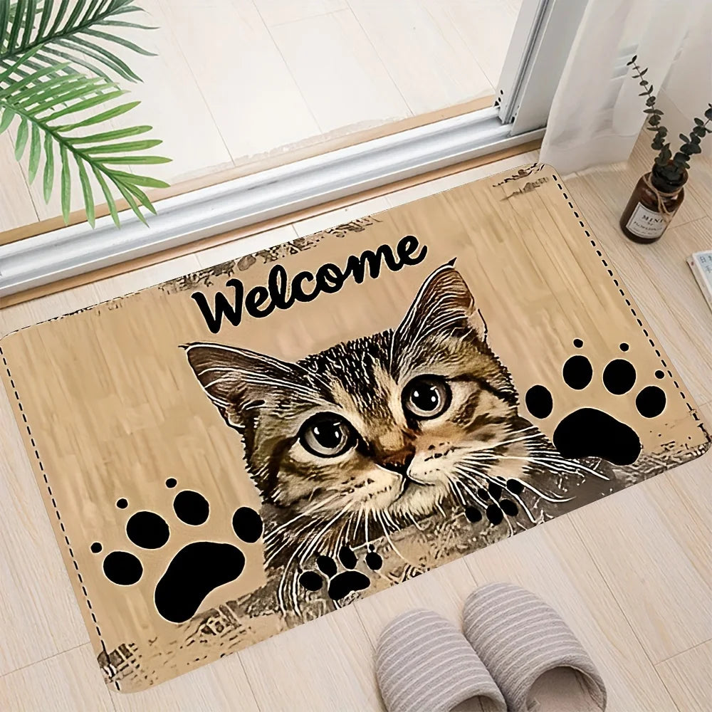tapis d'entrée moderne chat welcome adhésif résistant extérieur intérieur beige noir vert gris