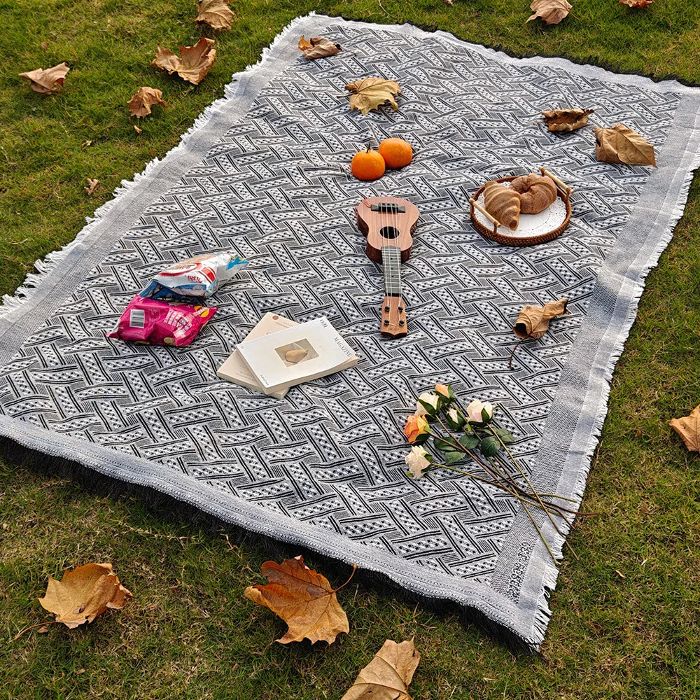 tapis plage rose blanc boho chic rayures diagonales franges pique nique extérieur portable