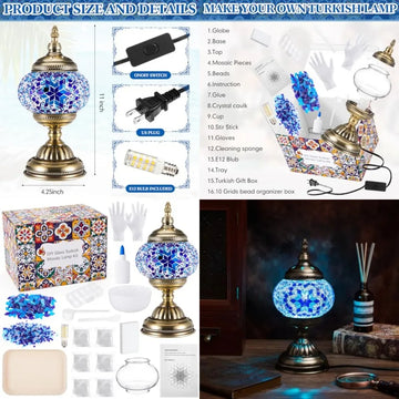 kit diy lampe turque mosaïque verre bleu blanc doré étoile losange transparent artisanal