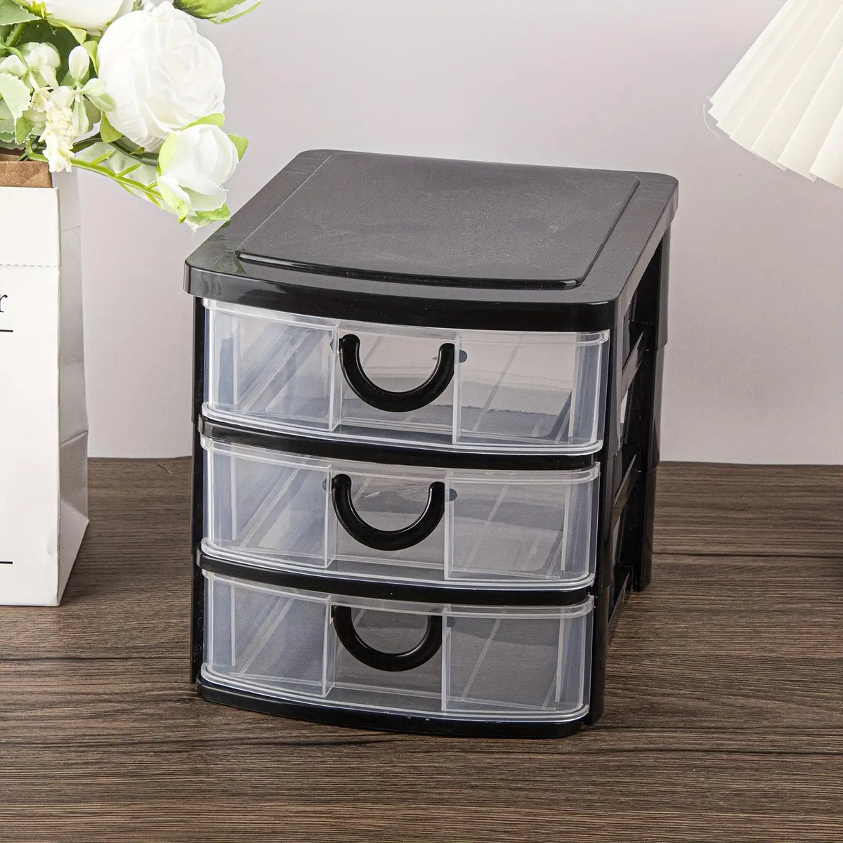 boîte rangement cosmétiques tiroirs transparents organisation plastique moderne pratique poignées noires