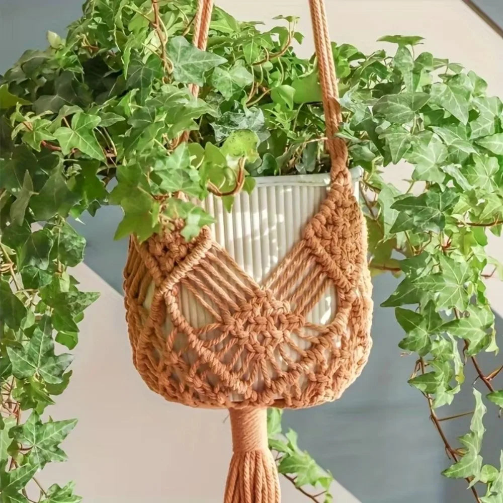 Sac plante suspendu macramé boho pot blanc anneaux beiges noirsintérieurextérieur