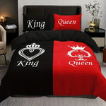 parure lit housse couette rouge noir motif couronne texte king queen moderne