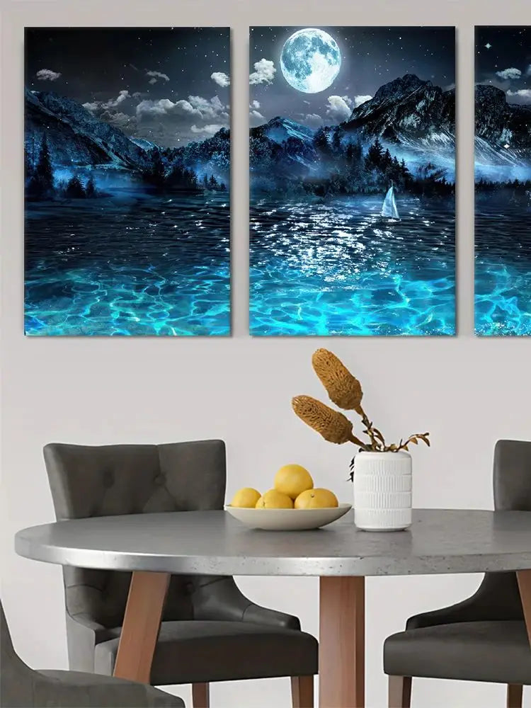 tableaux decoratifs toile paysage nuit montagnes lune moderne sans cadre bleu noir blanc gris