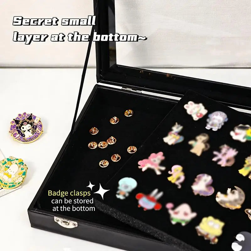 boîte rangement badges intérieur velours noir fenêtre transparente moderne pieds métalliques