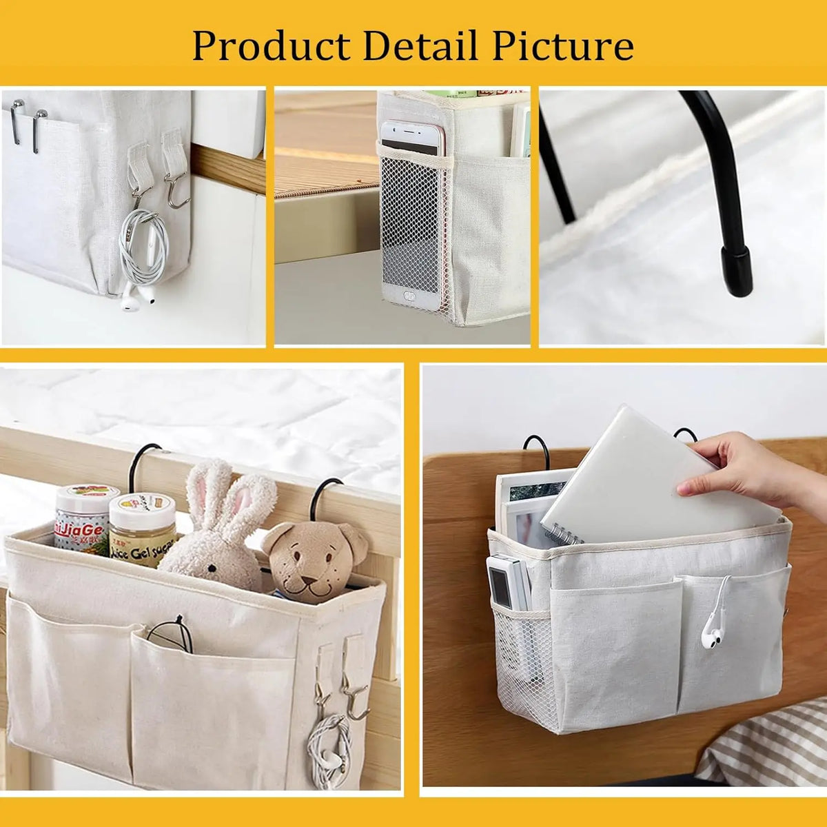 organisateur suspendu rangement poches compartiments tissu texturé filet transparents minimaliste bébé chambre lit