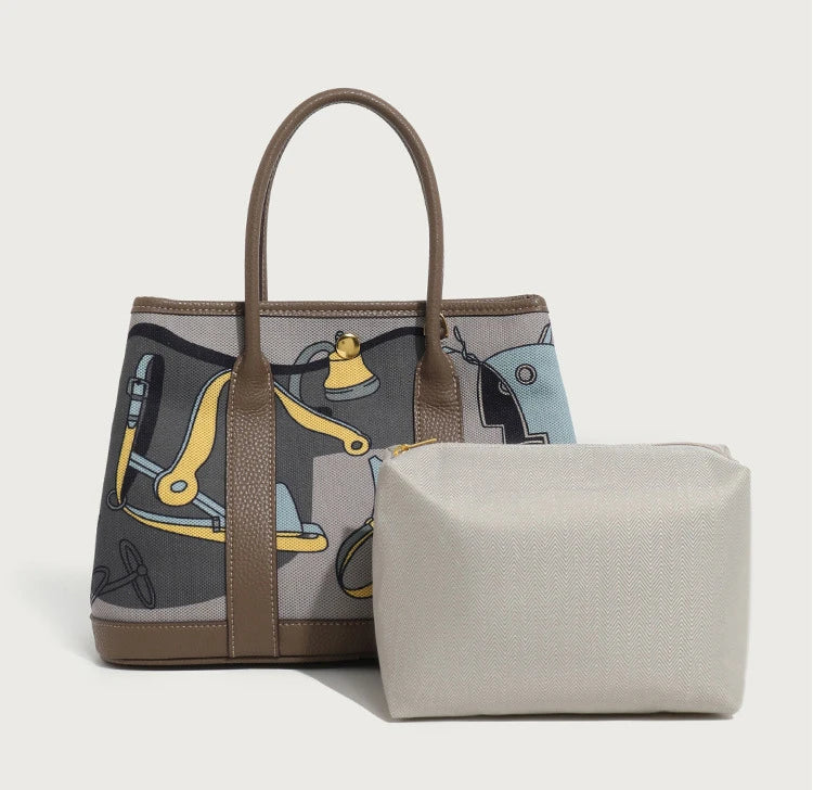 Sac main femme toile imprimé motifs jouets bandoulière amovible poches intérieures moderne casual polyvalent