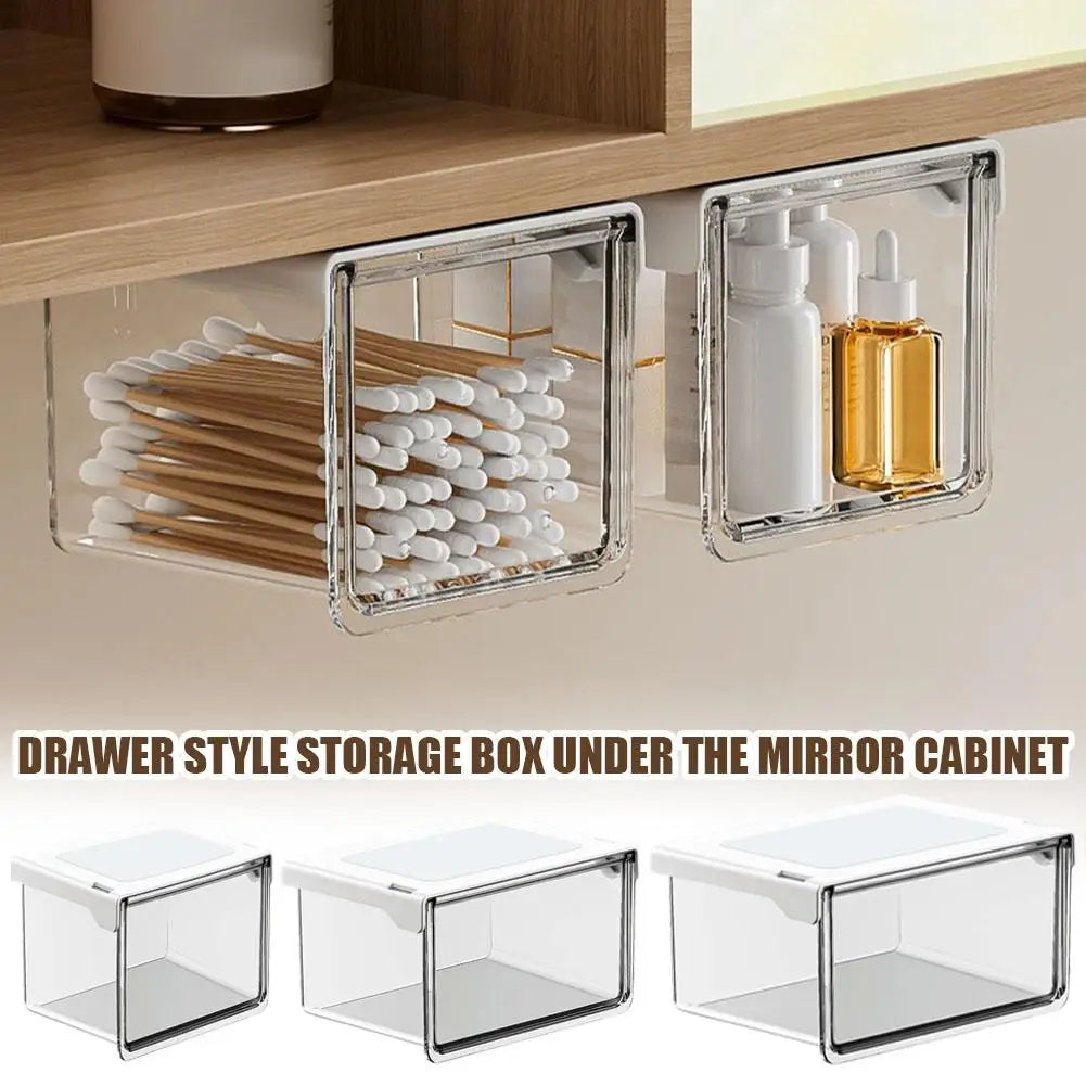boîtes rangement tiroirs transparentes adhésives cosmétiques poignées blanches modernes pratiques sous meuble organisation produits