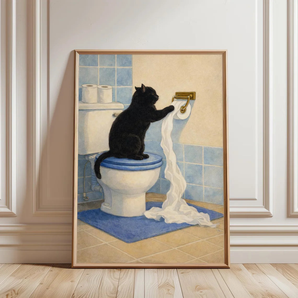 tableau salle bain chat noir toile cadre bois décoration murale humour toilette