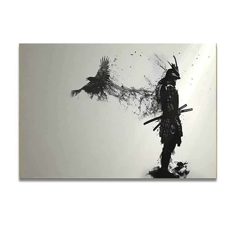 peinture toile samouraï corbeau japonais noir blanc contemporain sans cadre vertical salon decoration