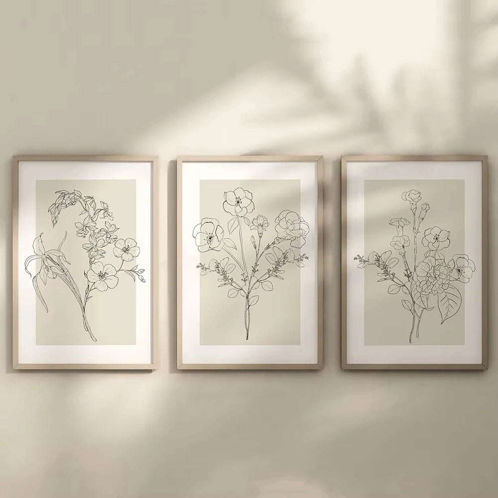 affiches art minimalistes toile simples dessins floraux noir beige clair cadres bois chambre salon