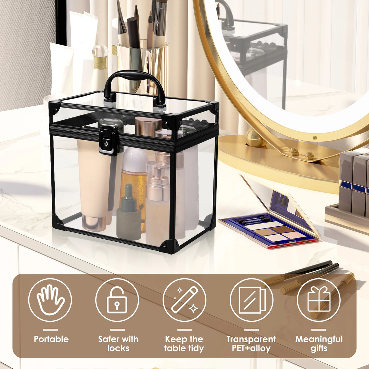 boîte rangement transparente durable cosmétiques minimaliste poignée métallique cadenas portable grande capacité