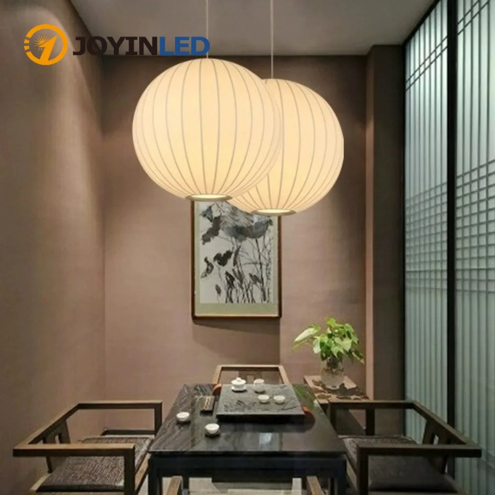 Lampe suspendue moderne blanche rayures noires tissu soie pied métallique fer autonome chambre restaurant