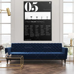 Affiche murale présentant des cocktails italiens classiques avec leur composition, dans un intérieur lumineux et chic, avec un canapé bleu marine capitonné et une table basse en bois et métal.