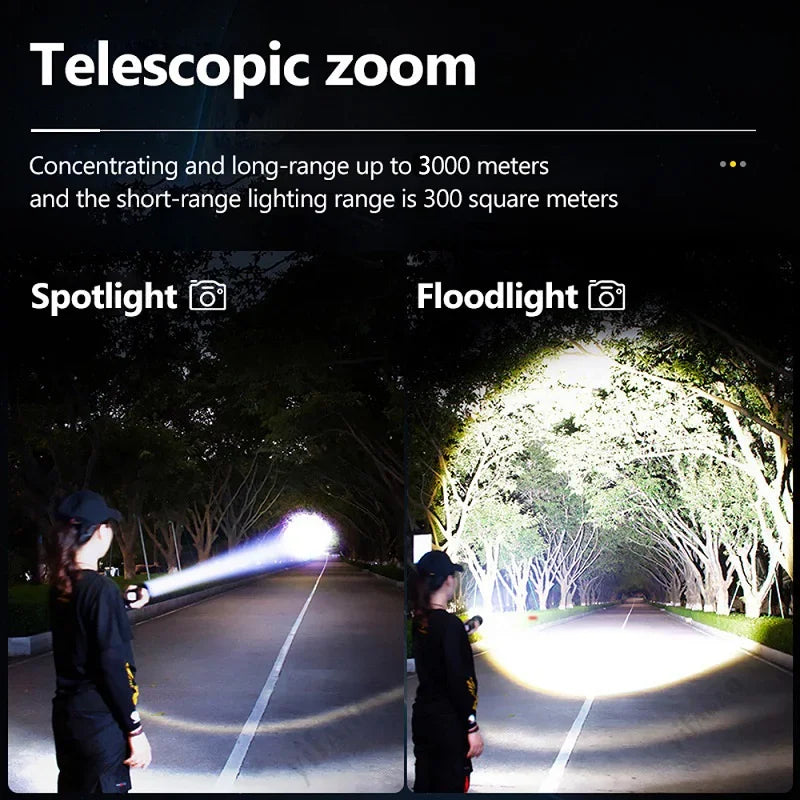 lampe torche rechargeable led noire modes zoom télescopique ipx4 étanche USB