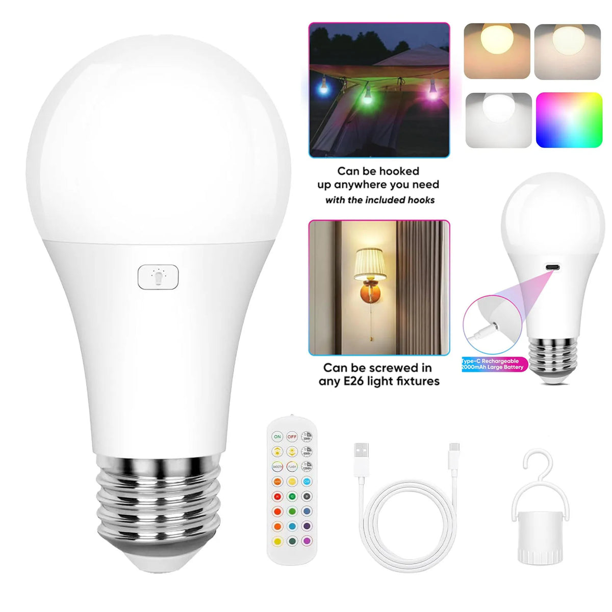 ampoule led blanc moderne télécommande câble usb 2700k 6500k e27 clips lumens