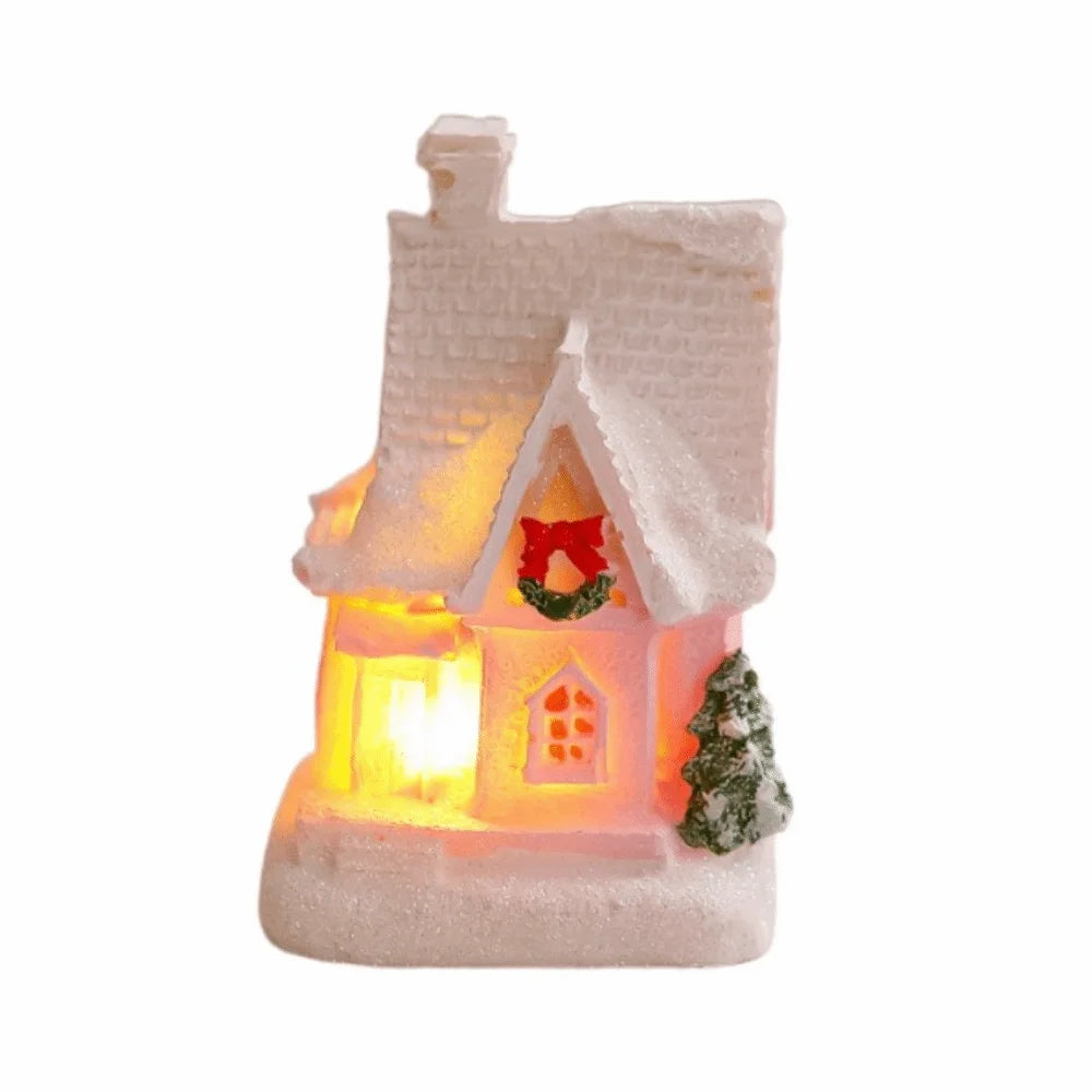 ornement noël miniature maison lumineuse rose brique neige toit fenêtres porte guirlandetoyshop