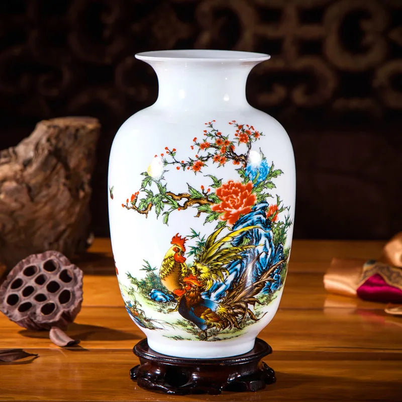 Ce vase en porcelaine blanche présente une décoration ornée de fleurs colorées et d'un coq, symbole de chance et de prospérité dans la culture asiatique.