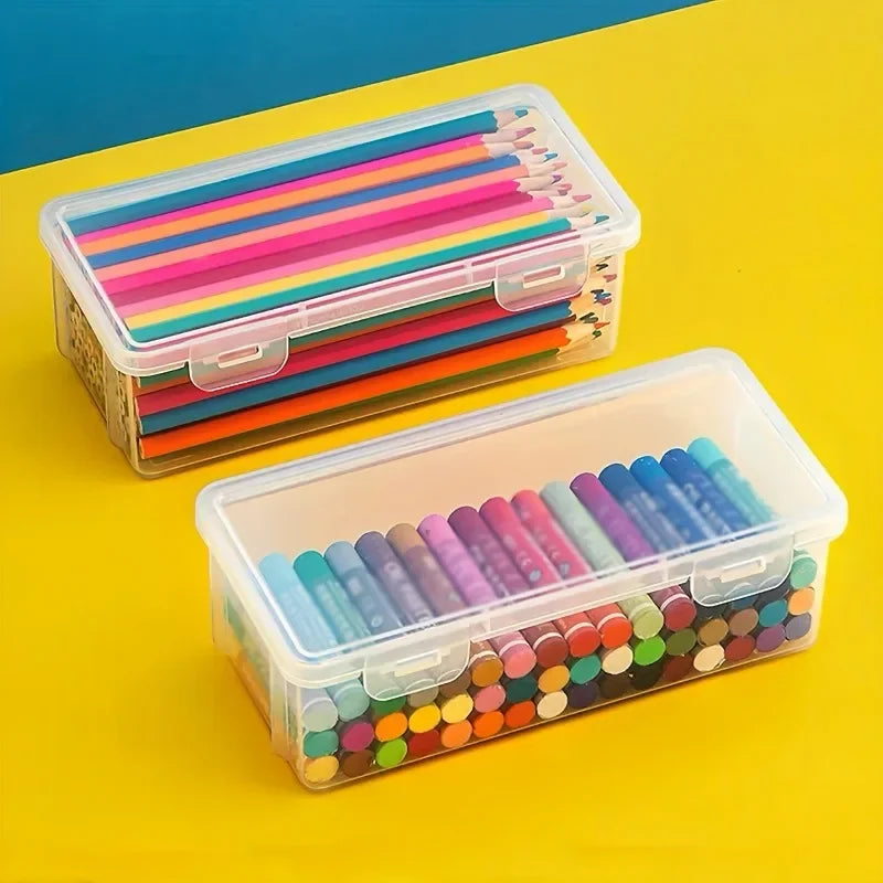 boîtes rangement transparentes empilables crayons stylos moderne pratiques clips gommes étiquettes autocollantes fournitures scolaires
