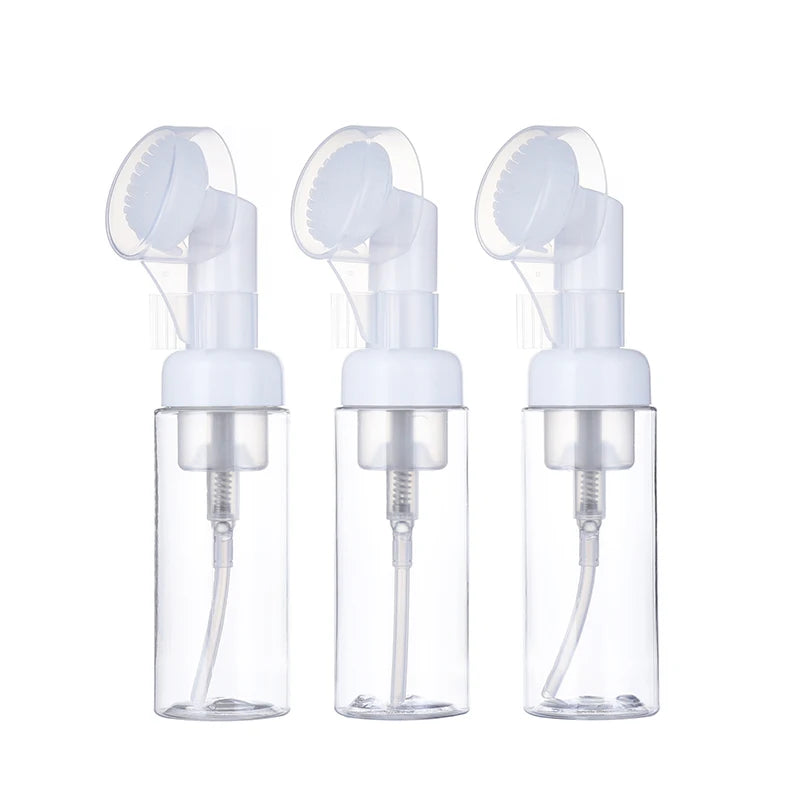 flacon mousse voyage 60 ml distributeur savon liquide brosse visage silicone transparent blanc rechargeable