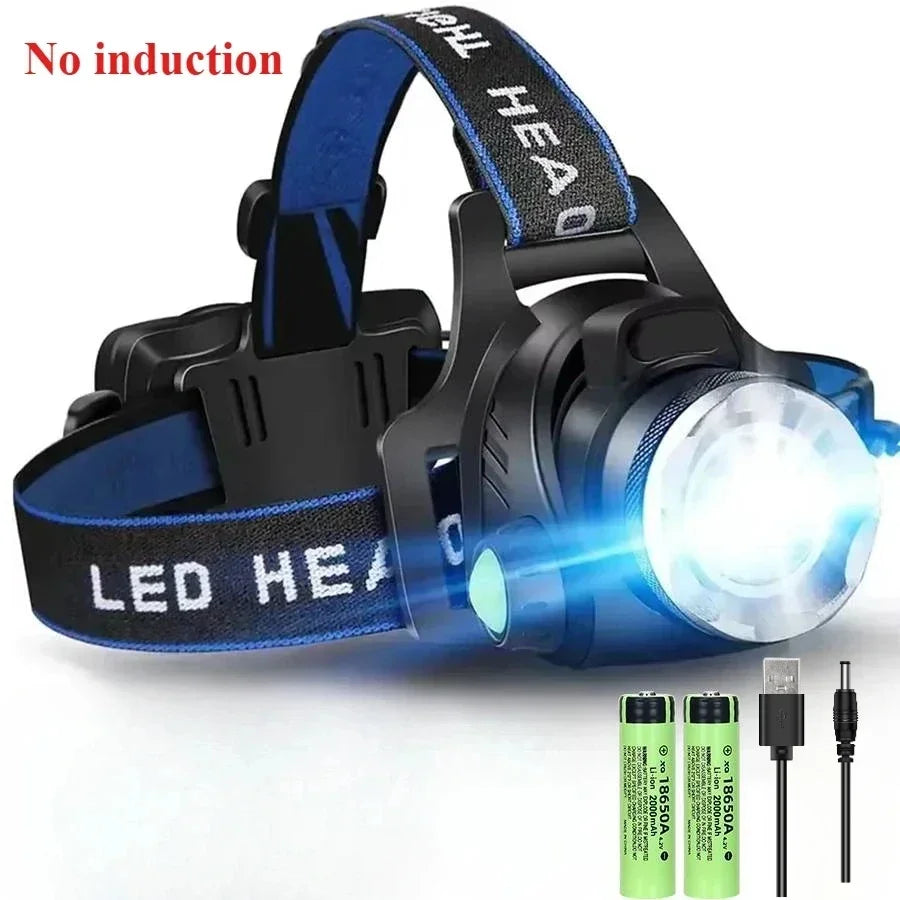 lampe frontale led rechargeable 15w modes nuit pêche course tissu bleu noir adjustable