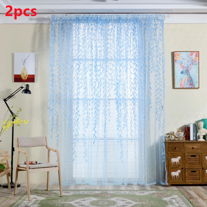 rideaux voilage feuilles stylisées vert jaune bleu violet décoratifs translucides fenêtre chambre salon
